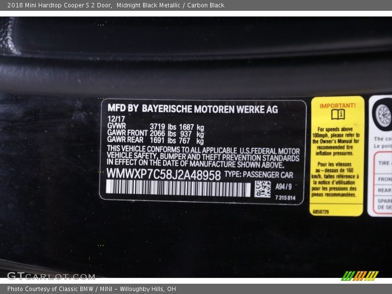 Midnight Black Metallic / Carbon Black 2018 Mini Hardtop Cooper S 2 Door