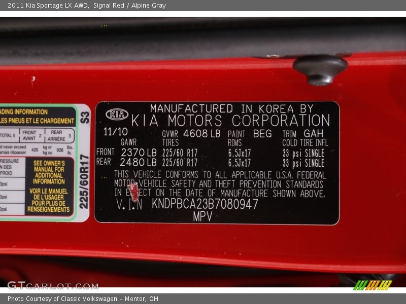 Signal Red / Alpine Gray 2011 Kia Sportage LX AWD