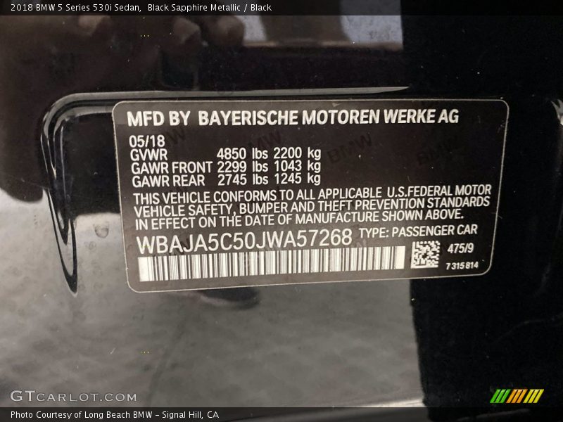 Black Sapphire Metallic / Black 2018 BMW 5 Series 530i Sedan