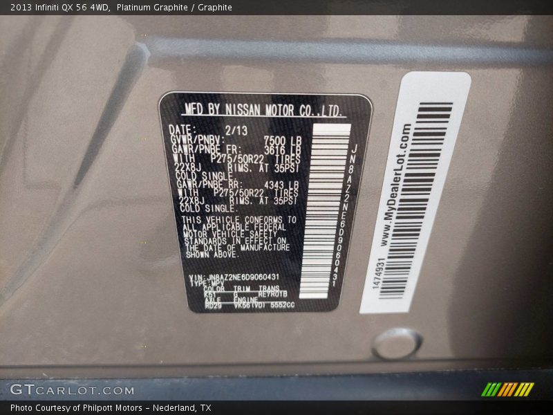 2013 QX 56 4WD Platinum Graphite Color Code K51