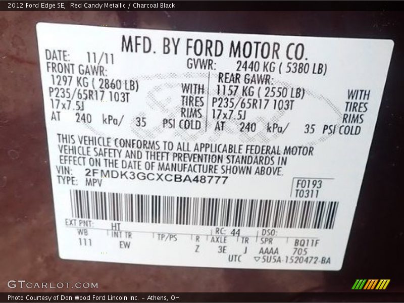 Red Candy Metallic / Charcoal Black 2012 Ford Edge SE