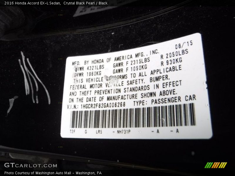 Crystal Black Pearl / Black 2016 Honda Accord EX-L Sedan