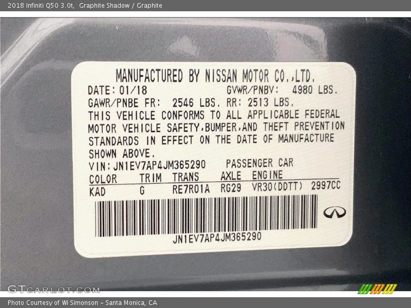 2018 Q50 3.0t Graphite Shadow Color Code KAD