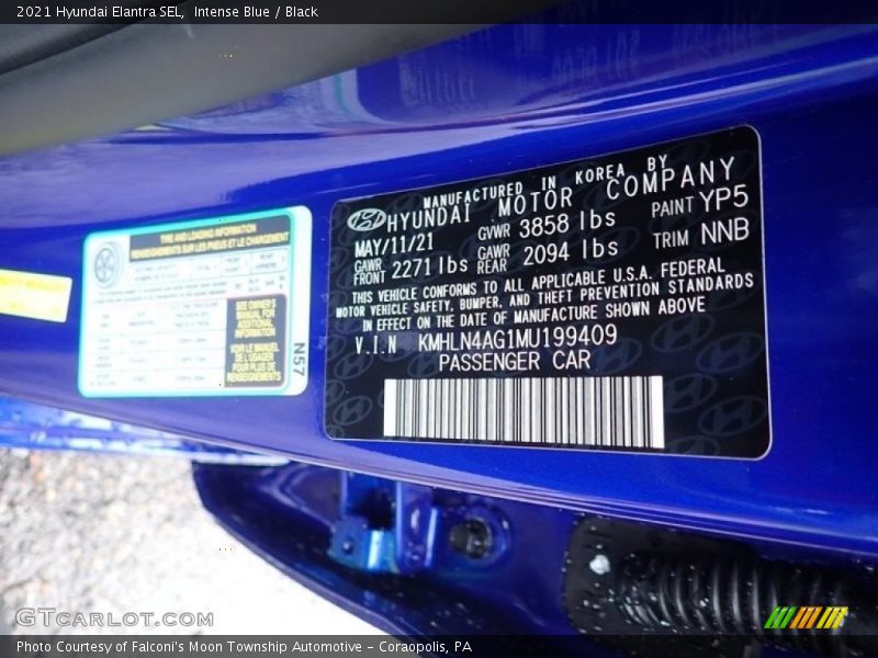 2021 Elantra SEL Intense Blue Color Code YP5