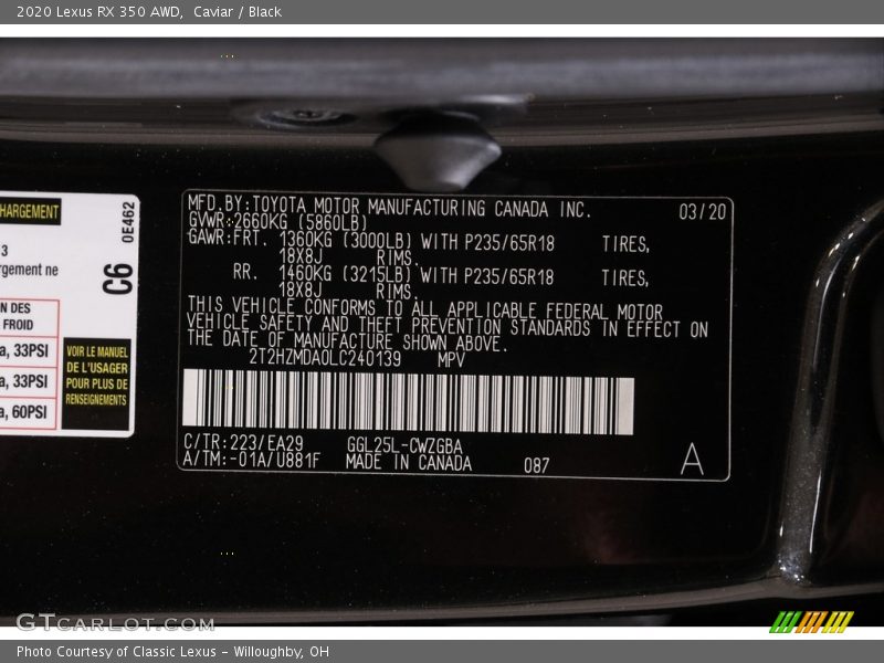 2020 RX 350 AWD Caviar Color Code 223