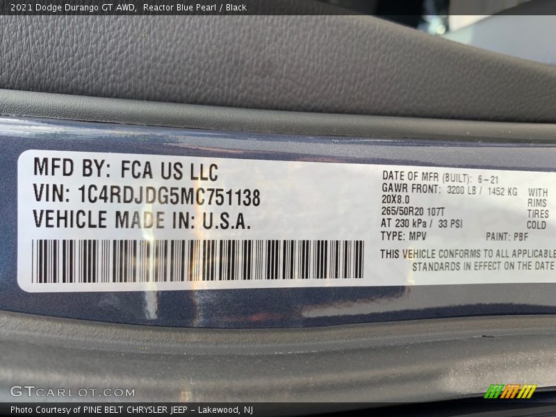 Reactor Blue Pearl / Black 2021 Dodge Durango GT AWD
