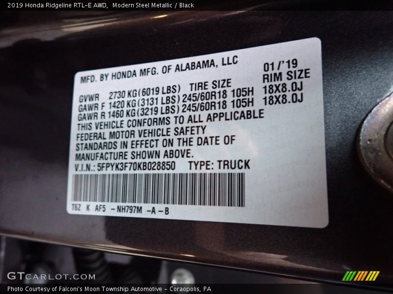 Modern Steel Metallic / Black 2019 Honda Ridgeline RTL-E AWD