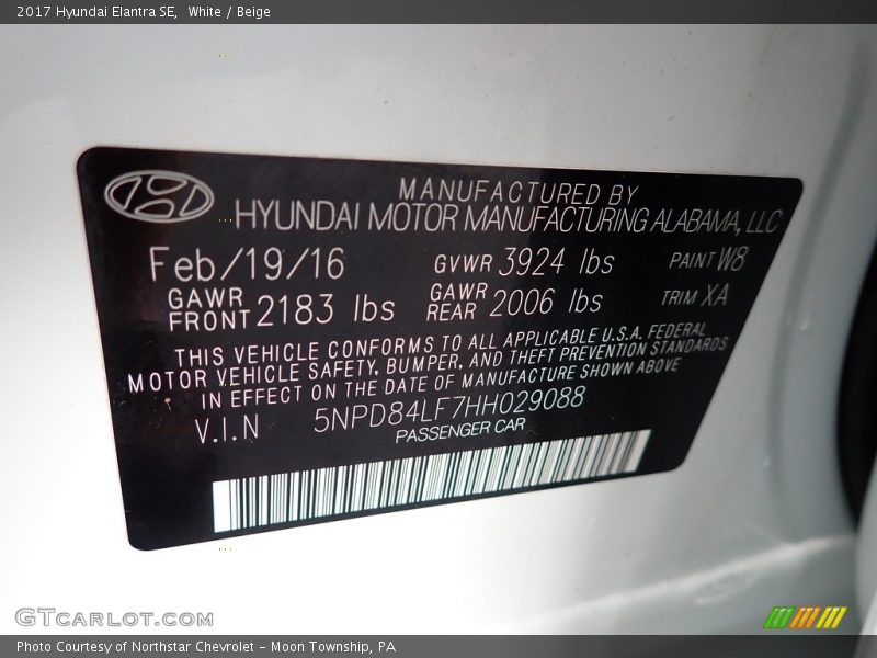 White / Beige 2017 Hyundai Elantra SE