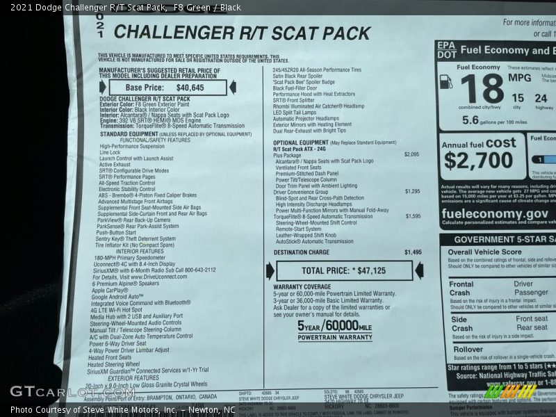  2021 Challenger R/T Scat Pack Window Sticker