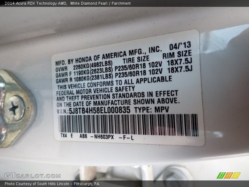 White Diamond Pearl / Parchment 2014 Acura RDX Technology AWD