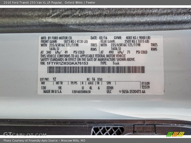 2016 Transit 250 Van XL LR Regular Oxford White Color Code YZ