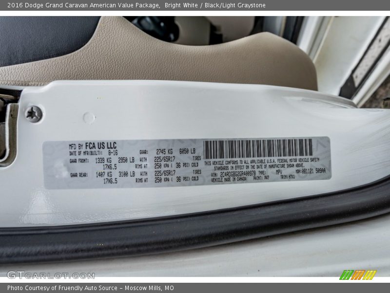 Bright White / Black/Light Graystone 2016 Dodge Grand Caravan American Value Package