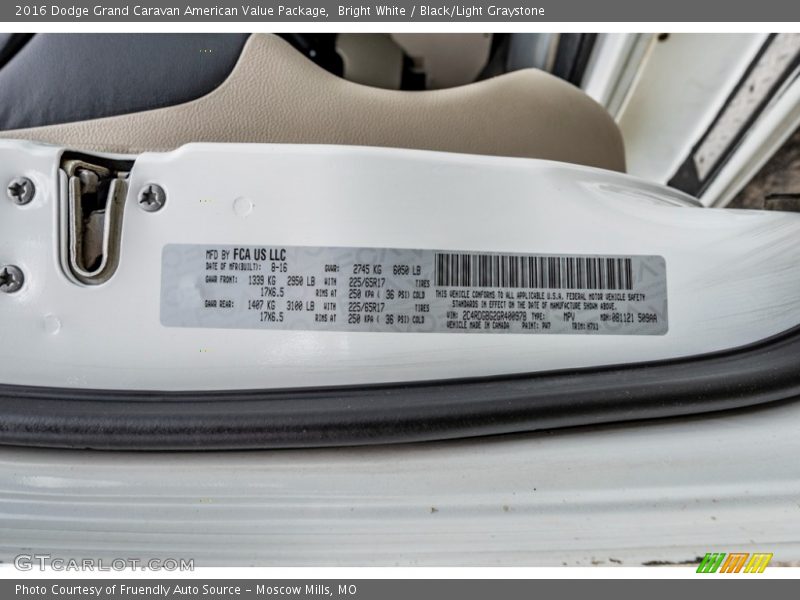 Bright White / Black/Light Graystone 2016 Dodge Grand Caravan American Value Package
