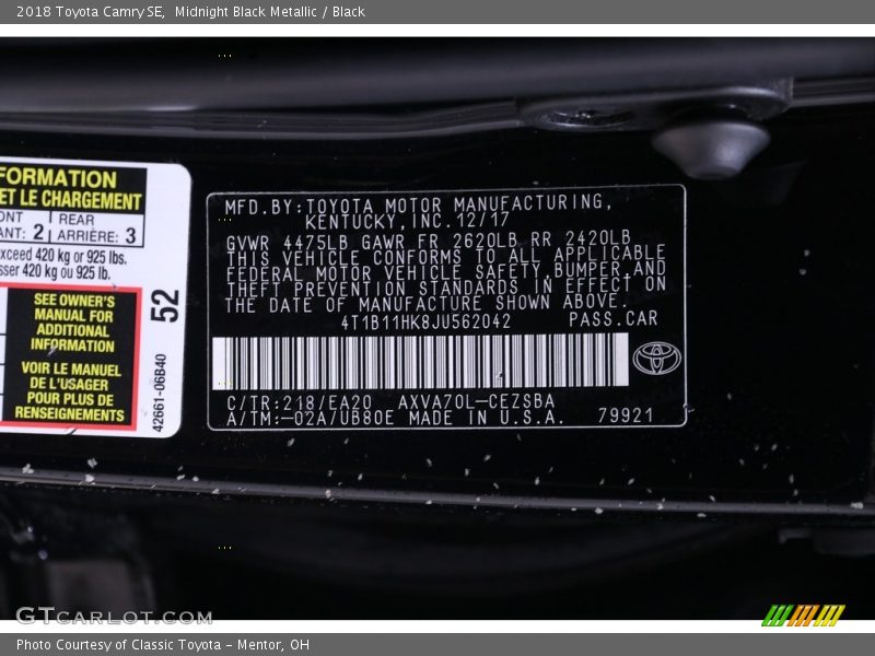 Midnight Black Metallic / Black 2018 Toyota Camry SE