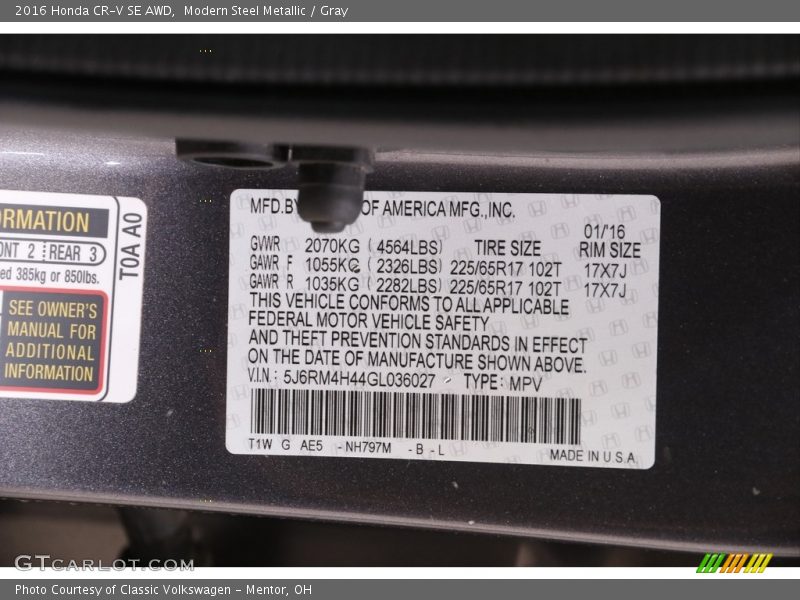 2016 CR-V SE AWD Modern Steel Metallic Color Code NH797M