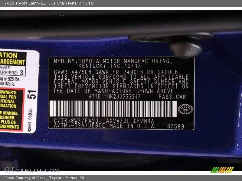 Blue Crush Metallic / Black 2018 Toyota Camry LE