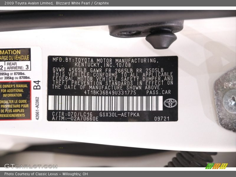 Blizzard White Pearl / Graphite 2009 Toyota Avalon Limited