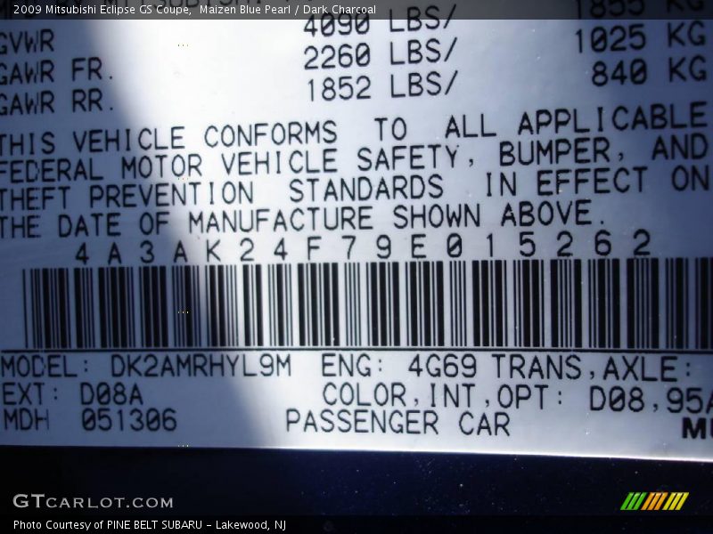 Maizen Blue Pearl / Dark Charcoal 2009 Mitsubishi Eclipse GS Coupe