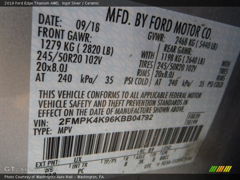 Ingot Silver / Ceramic 2019 Ford Edge Titanium AWD
