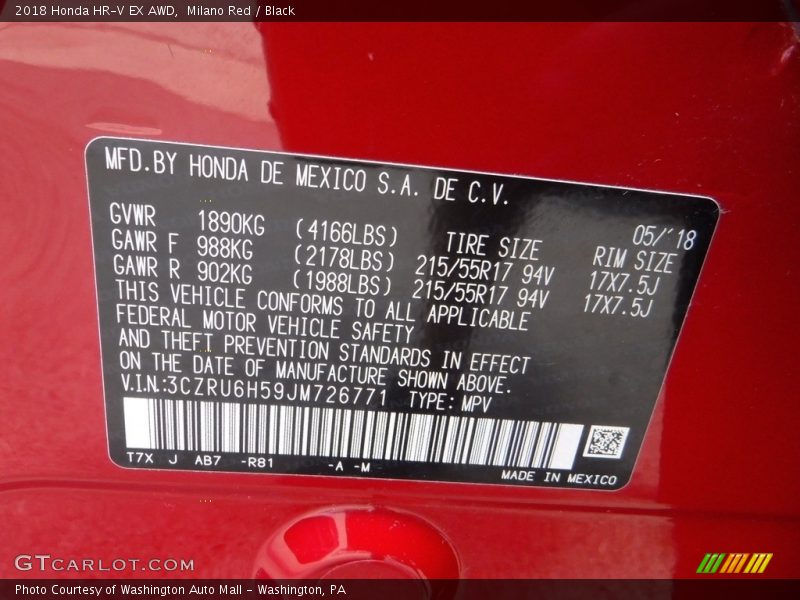 Milano Red / Black 2018 Honda HR-V EX AWD