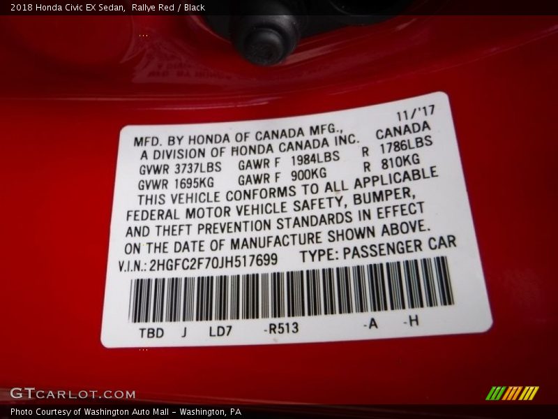 Rallye Red / Black 2018 Honda Civic EX Sedan