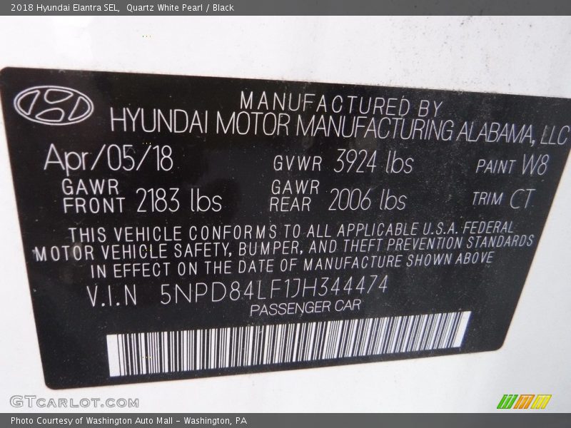 Quartz White Pearl / Black 2018 Hyundai Elantra SEL