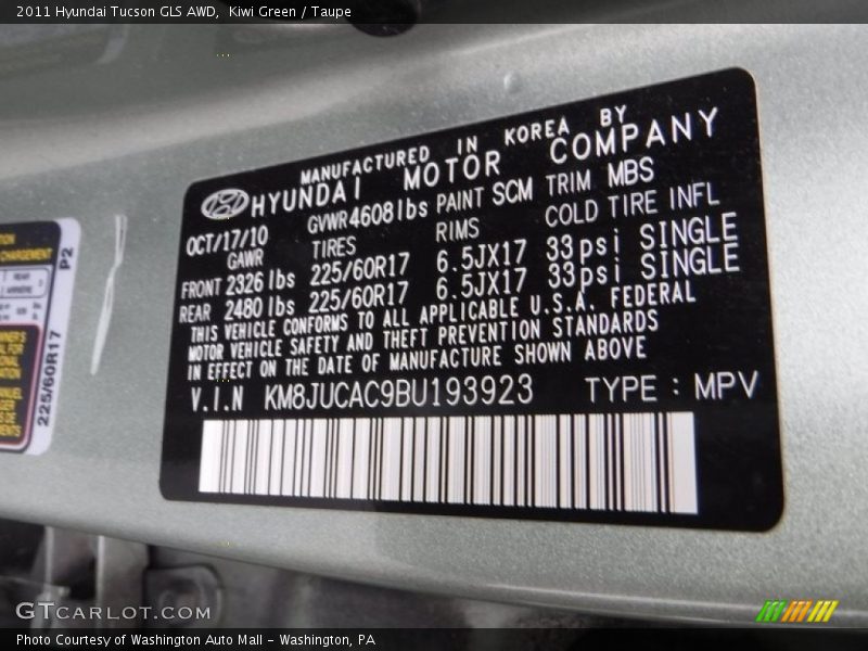 Kiwi Green / Taupe 2011 Hyundai Tucson GLS AWD