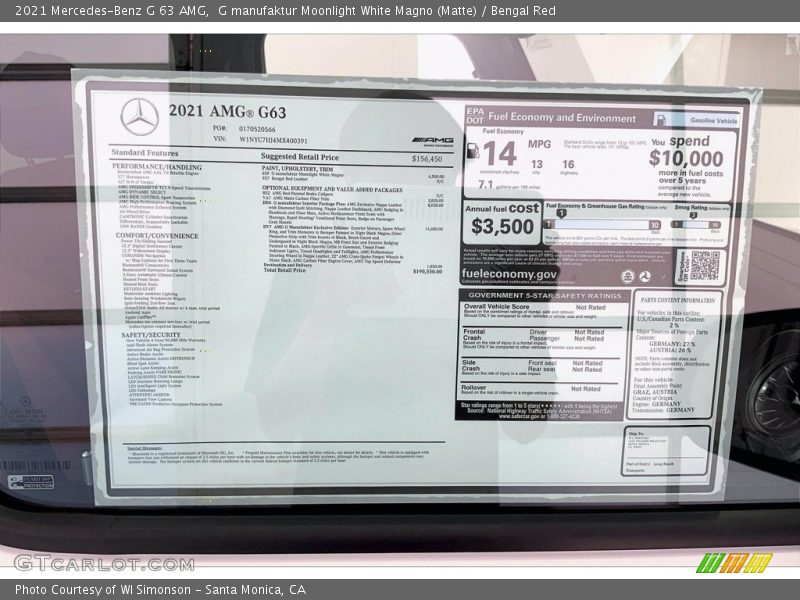  2021 G 63 AMG Window Sticker