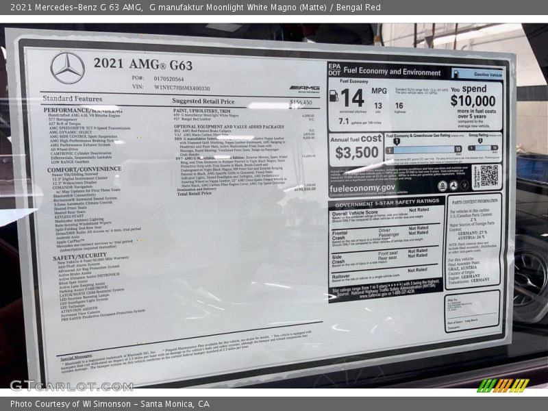 G manufaktur Moonlight White Magno (Matte) / Bengal Red 2021 Mercedes-Benz G 63 AMG