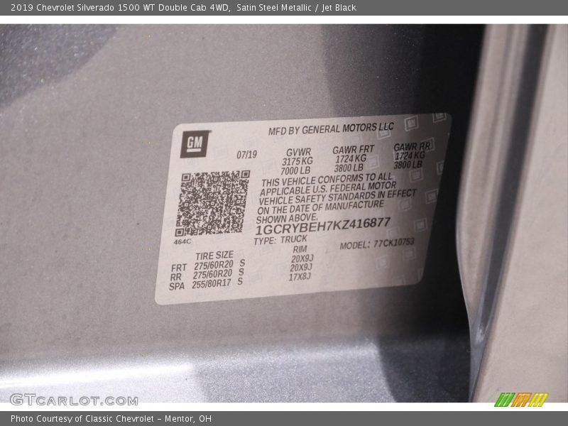 Satin Steel Metallic / Jet Black 2019 Chevrolet Silverado 1500 WT Double Cab 4WD