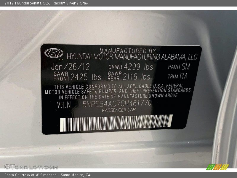 Radiant Silver / Gray 2012 Hyundai Sonata GLS