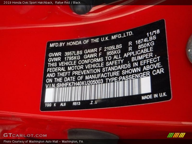 Rallye Red / Black 2019 Honda Civic Sport Hatchback