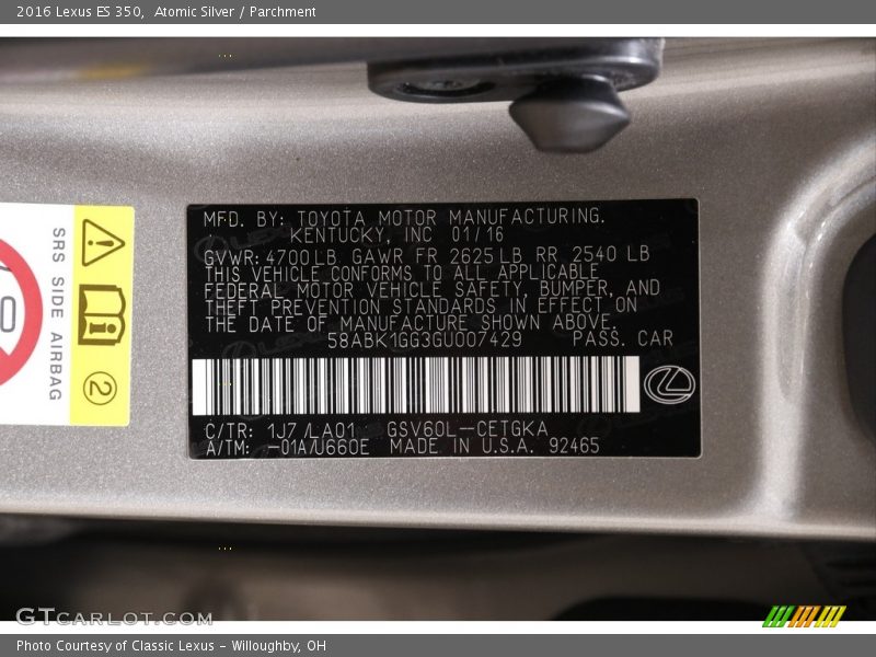 2016 ES 350 Atomic Silver Color Code 1J7