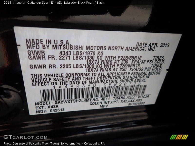 2013 Outlander Sport ES 4WD Labrador Black Pearl Color Code X42