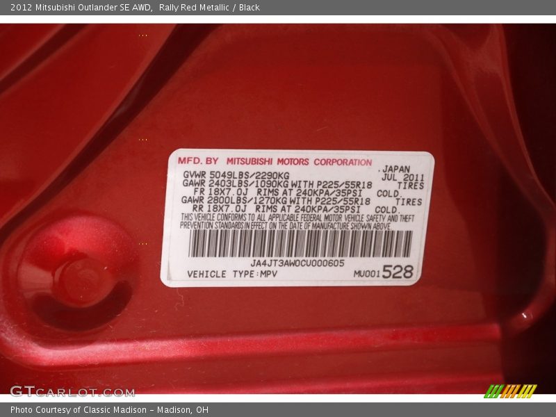 Rally Red Metallic / Black 2012 Mitsubishi Outlander SE AWD