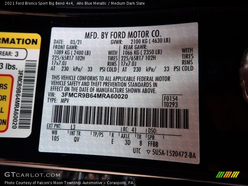 2021 Bronco Sport Big Bend 4x4 Alto Blue Metallic Color Code L3