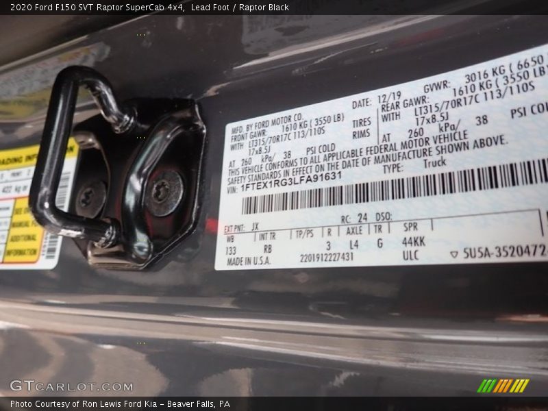 2020 F150 SVT Raptor SuperCab 4x4 Lead Foot Color Code JX