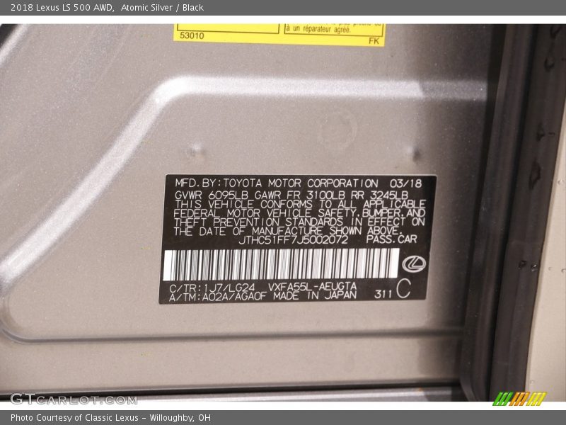 Atomic Silver / Black 2018 Lexus LS 500 AWD