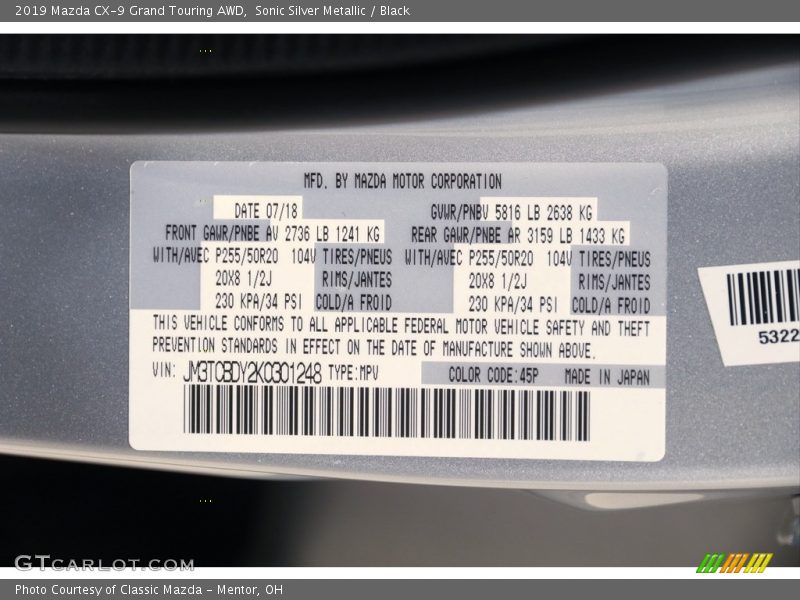 2019 CX-9 Grand Touring AWD Sonic Silver Metallic Color Code 45P