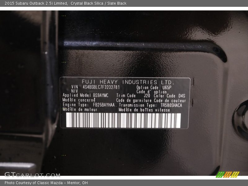 Crystal Black Silica / Slate Black 2015 Subaru Outback 2.5i Limited