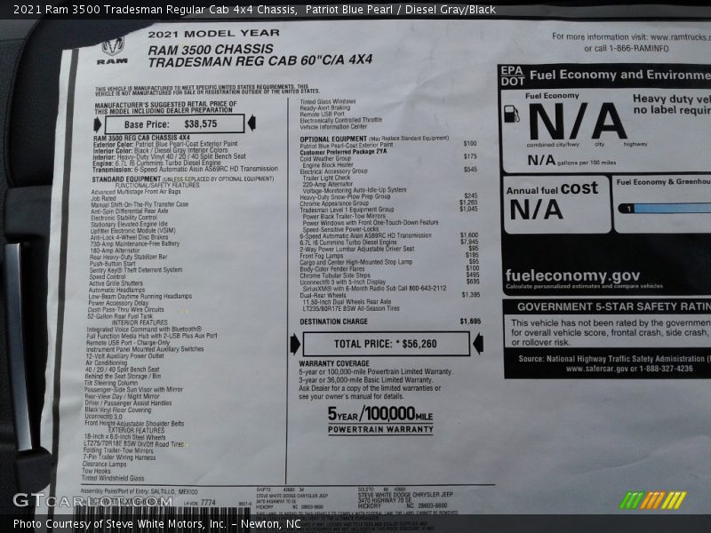  2021 3500 Tradesman Regular Cab 4x4 Chassis Window Sticker