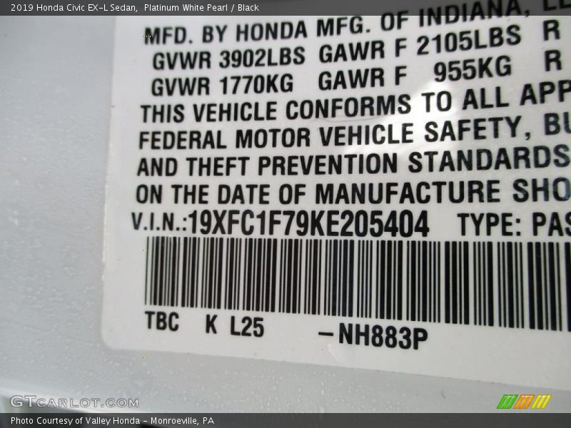 Platinum White Pearl / Black 2019 Honda Civic EX-L Sedan