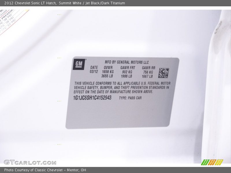 Summit White / Jet Black/Dark Titanium 2012 Chevrolet Sonic LT Hatch