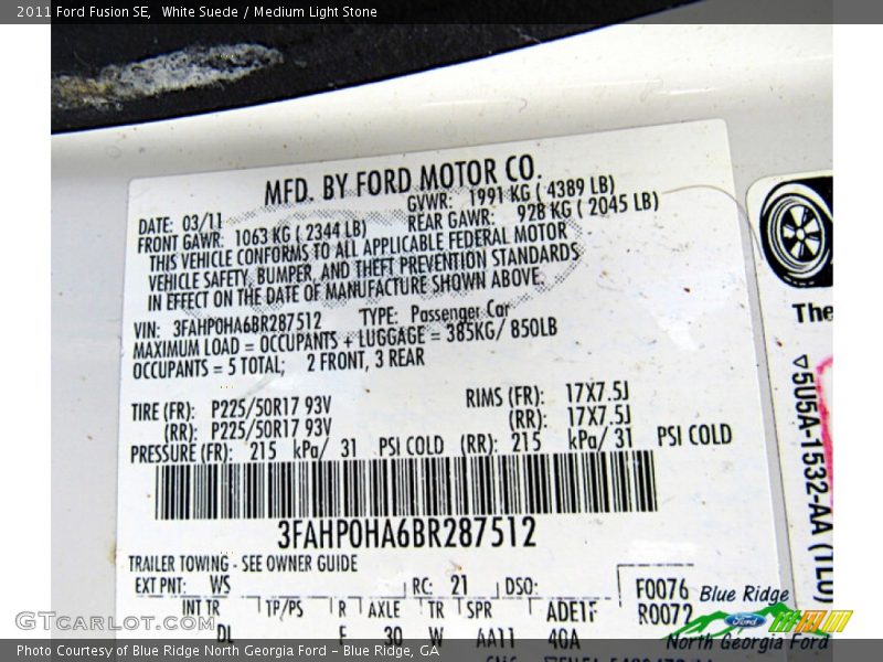 White Suede / Medium Light Stone 2011 Ford Fusion SE