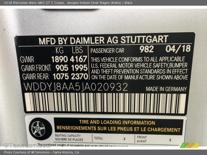 2018 AMG GT C Coupe designo Iridium Silver Magno (Matte) Color Code 982
