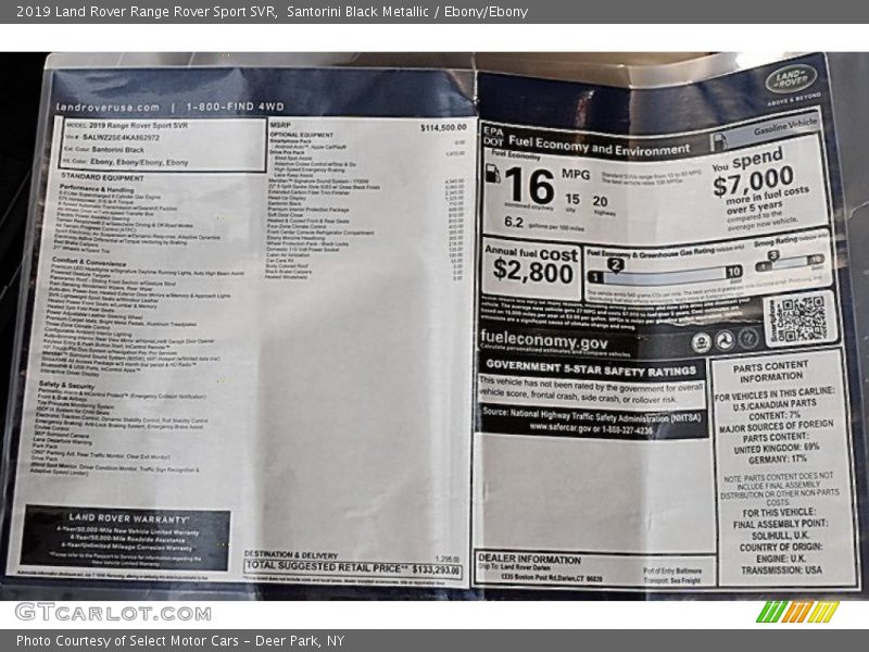  2019 Range Rover Sport SVR Window Sticker