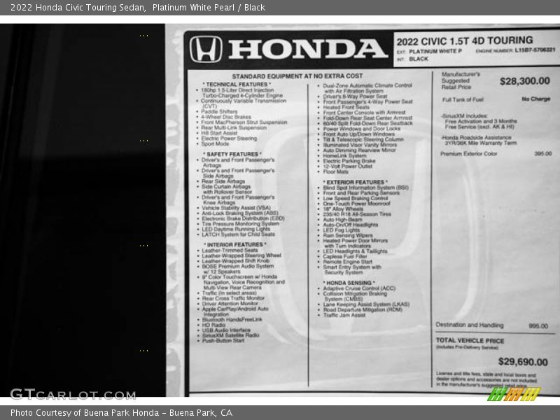 Platinum White Pearl / Black 2022 Honda Civic Touring Sedan
