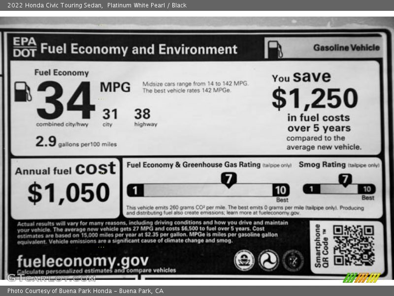 Platinum White Pearl / Black 2022 Honda Civic Touring Sedan
