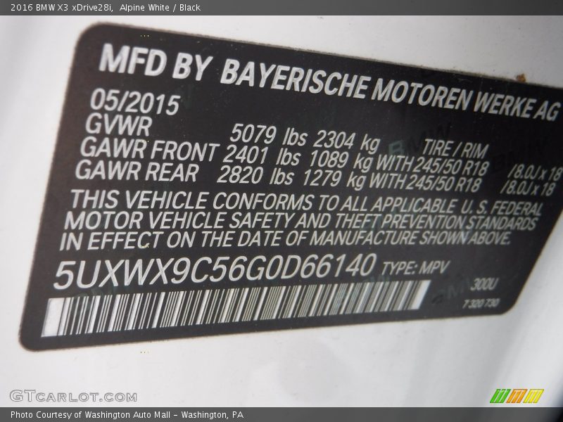 Alpine White / Black 2016 BMW X3 xDrive28i