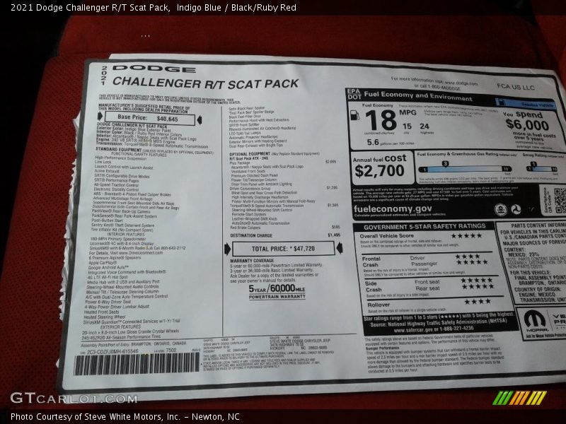  2021 Challenger R/T Scat Pack Window Sticker